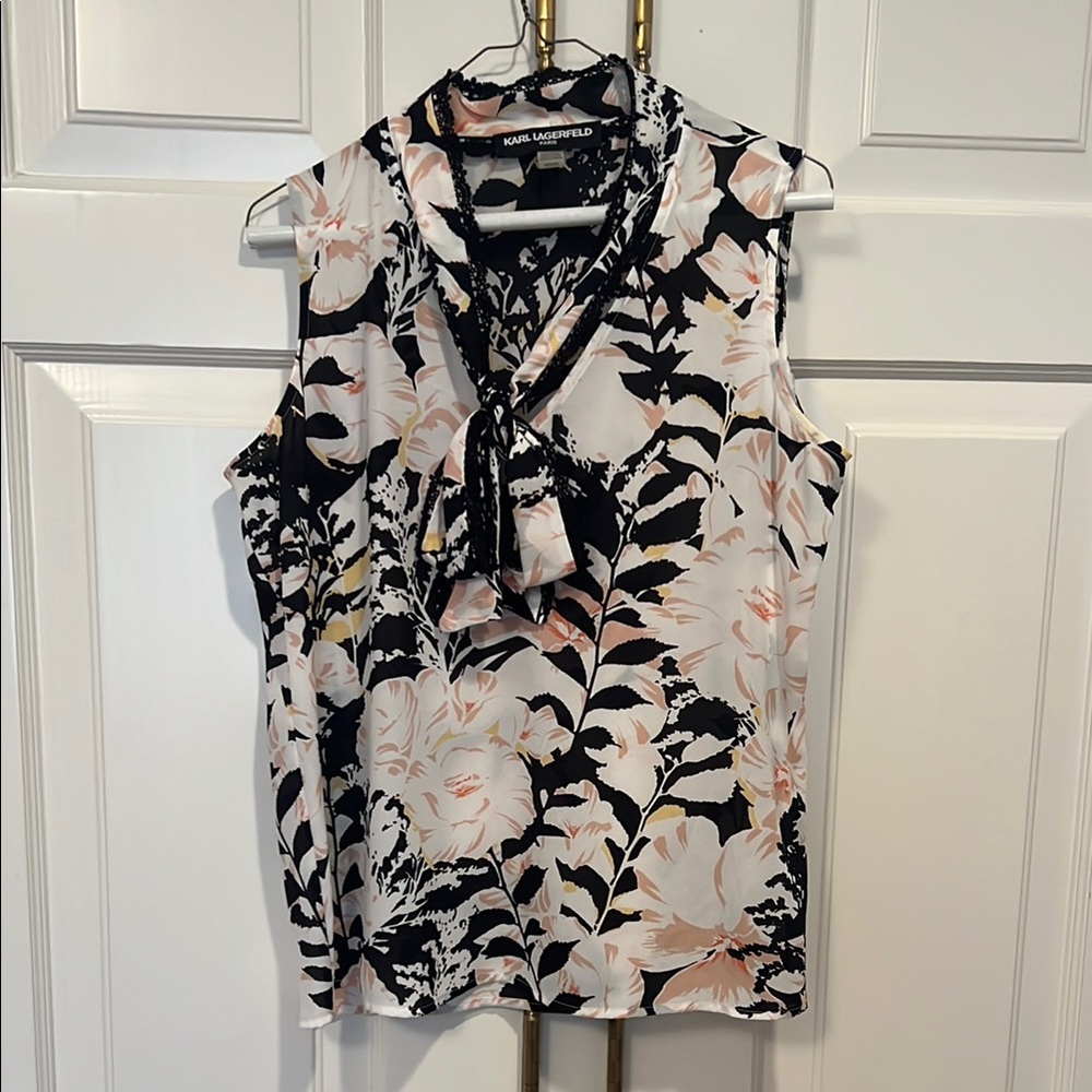 Karl Lagerfeld Black and White Sleeveless Tie Front Blouse